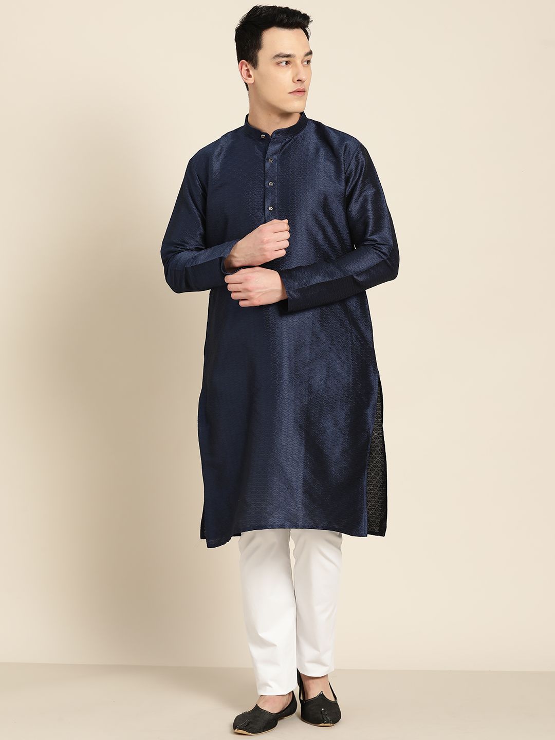 SOJANYA Lelaki Navy Blue Woven Design Straight Kurta