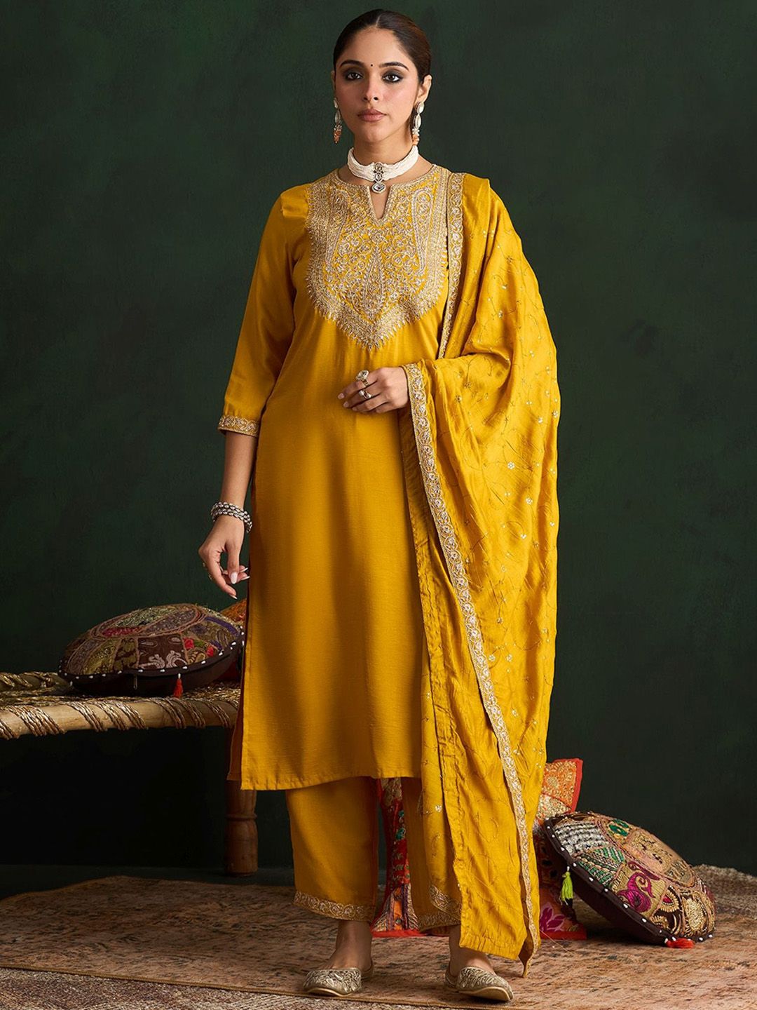 Indo Era Women Paisley Embroidered Regular Kurta with Trousers & With Dupatta