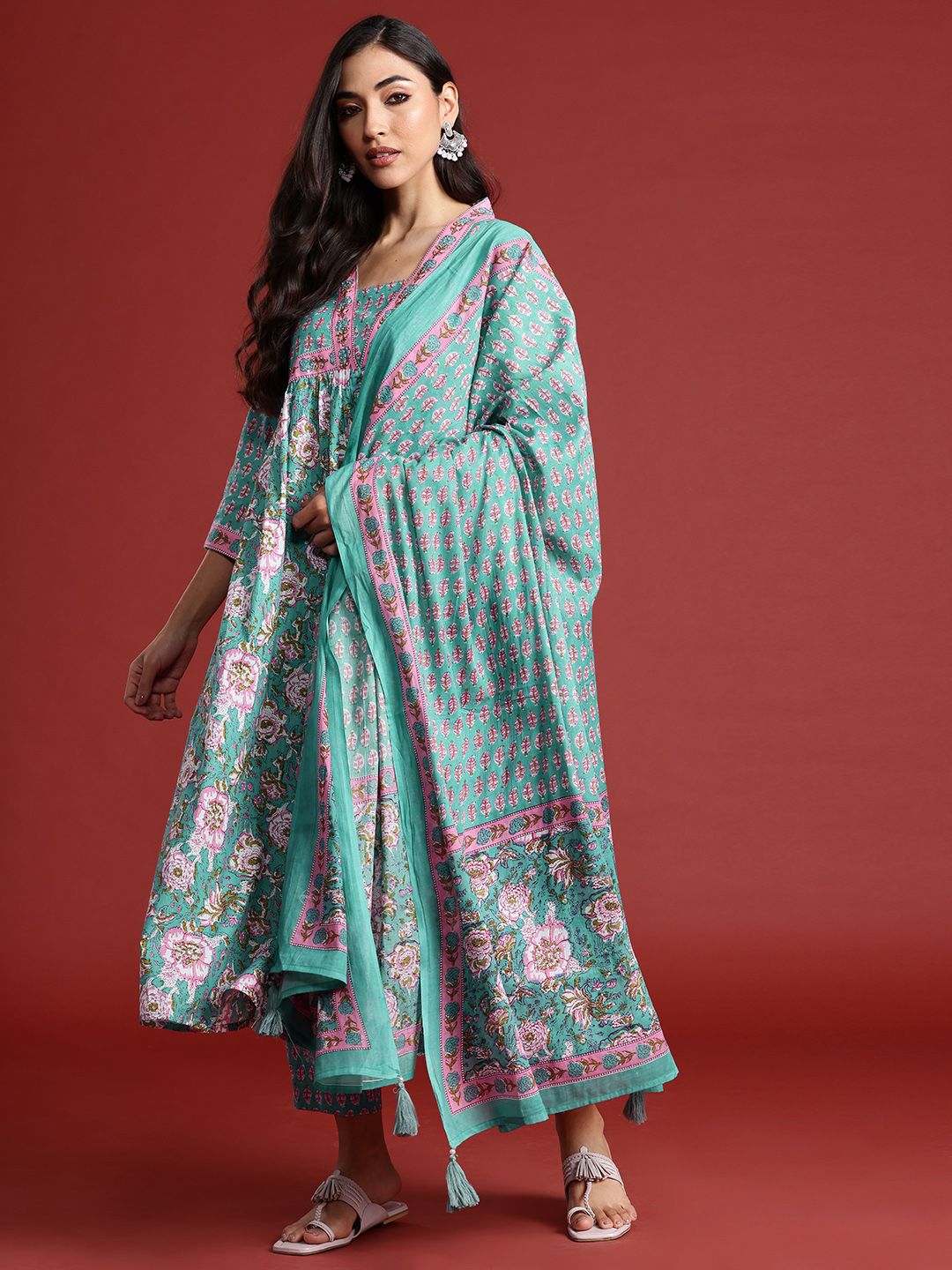 Indo Era Women Floral Printed Empire Sequinned Pure Cotton Kurta With Trousers & Dupatta
