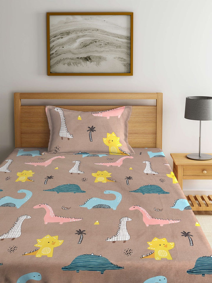 Myntra Elegant Homes Brown Yellow Cartoon Characters Bedsheet & 1 Pillow Covers
