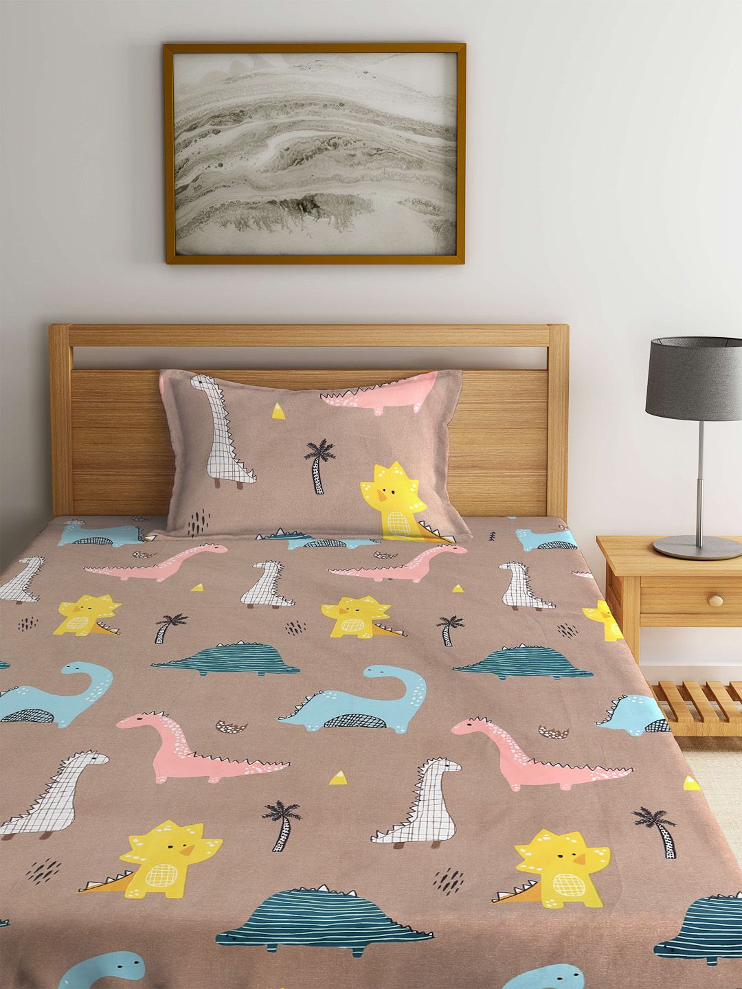 Myntra Elegant Homes Brown Yellow Cartoon Characters Bedsheet & 1 Pillow Covers