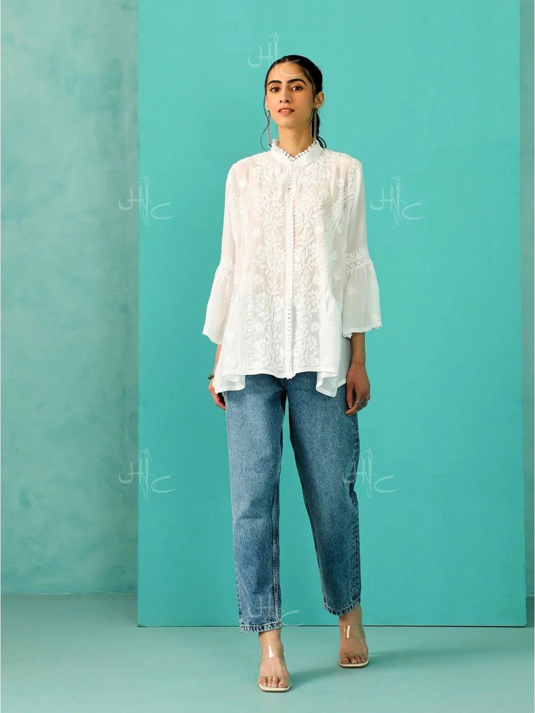 House of Chikankari Women Floral Embroidered Flared Sleeves Kurta