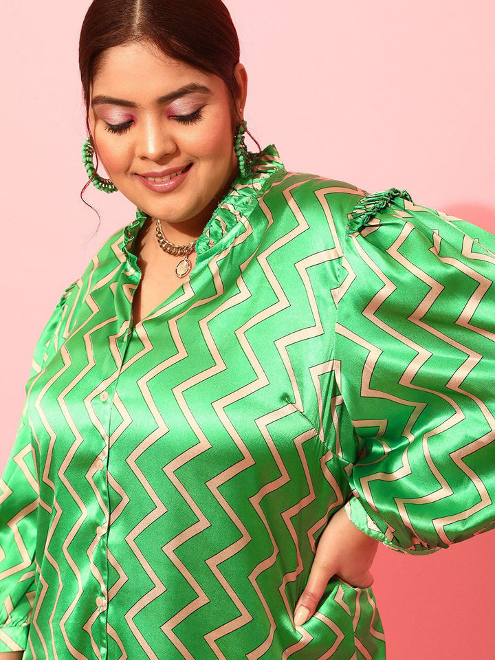 CURVY STREET Plus Size Comfort Fit Geometric Printed Puff Sleeves Satin Shirt