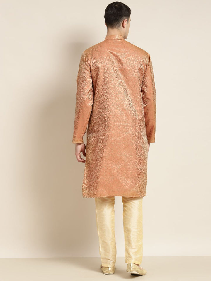 SOJANYA Lelaki Rust Orange & Gold-Toned Jacquard Silk Kurta