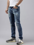 Spykar Men Skinny Slim Fit Rendah Berat Low-Infressed Heavy Fade Jeans