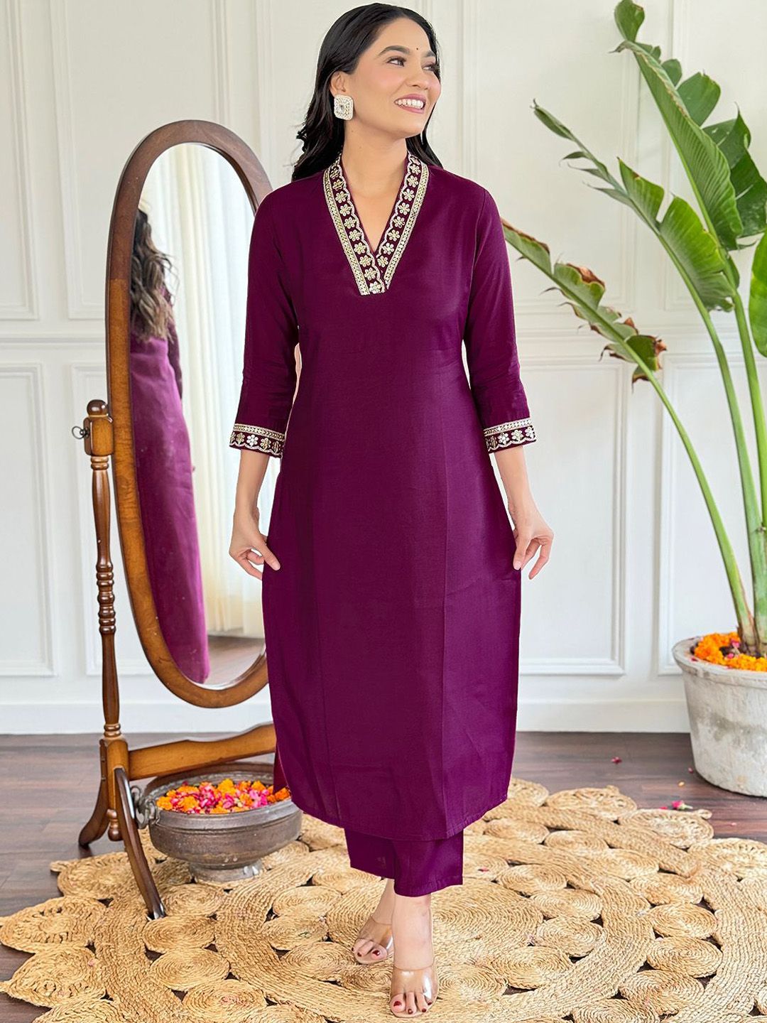 KALINI V-Neck Yoke Design Sequinned Straight Kurta with Trouser & Dupatta
