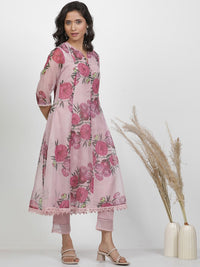 W Floral Printed Regular Three-Quarter Sleeves Organza Kurta with Trousers & With Dupatta