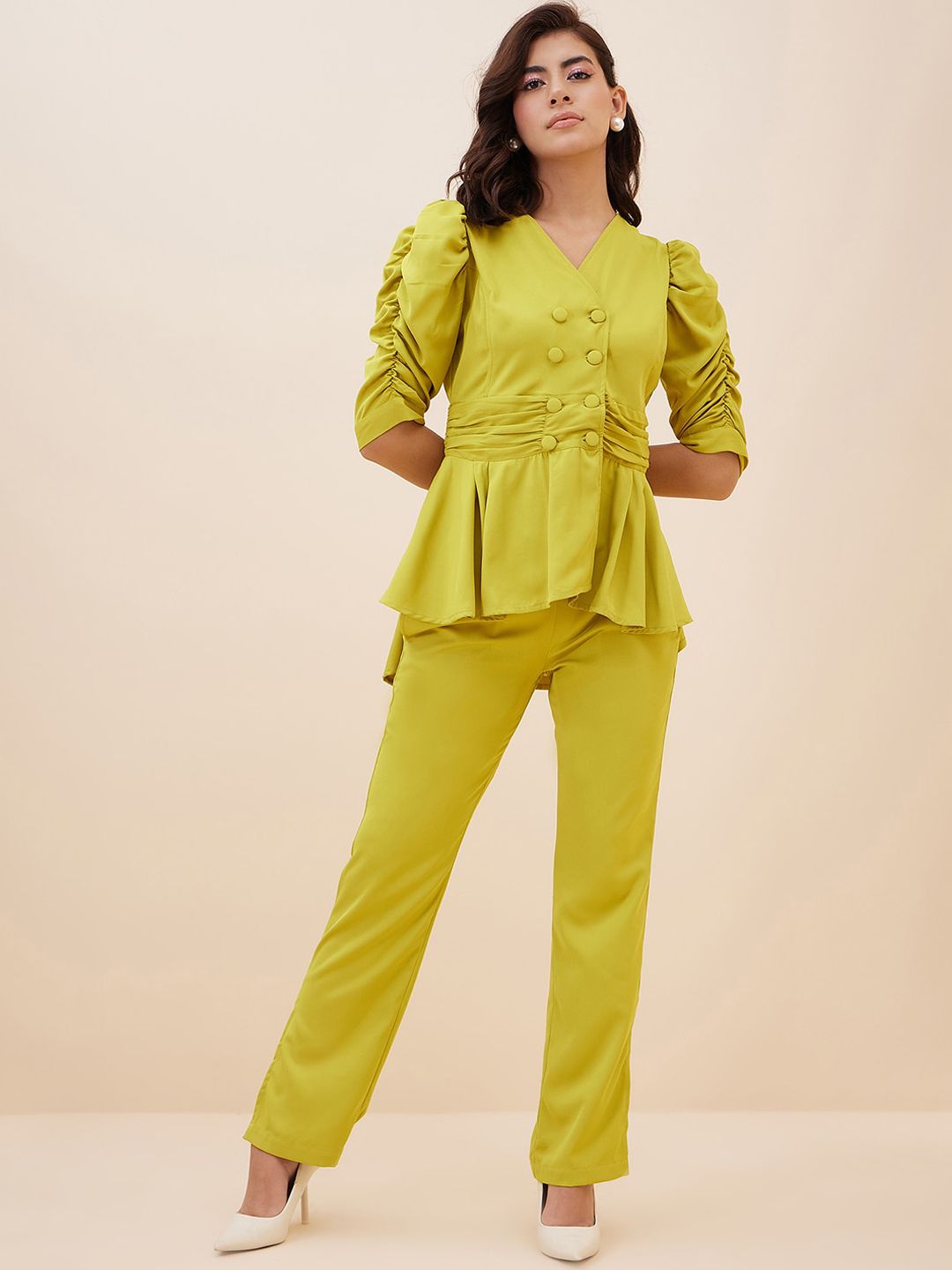 Antheaa Ruched Peplum Top With Trousers