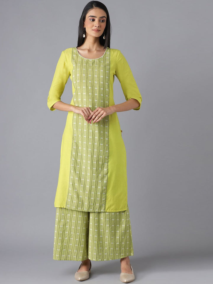 AURELIA Women Green Printed Panelled Pure Cotton Kurta with Palazzos