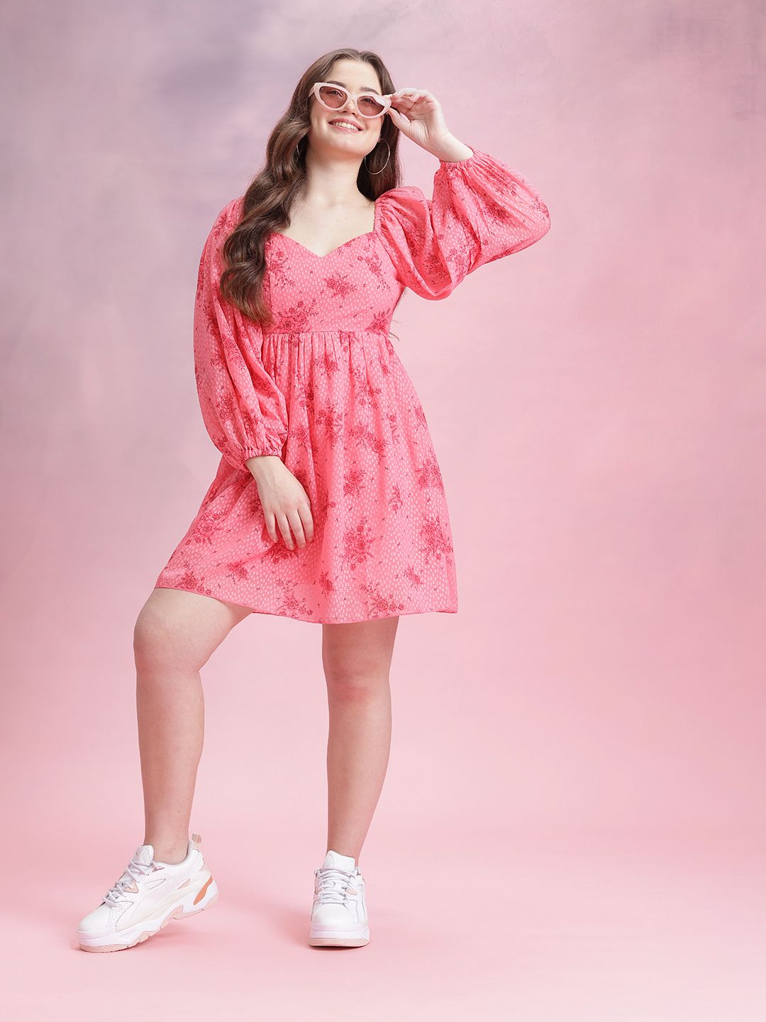 Pakaian Lengan Puff Fit & Flare Dressberry Floral Print