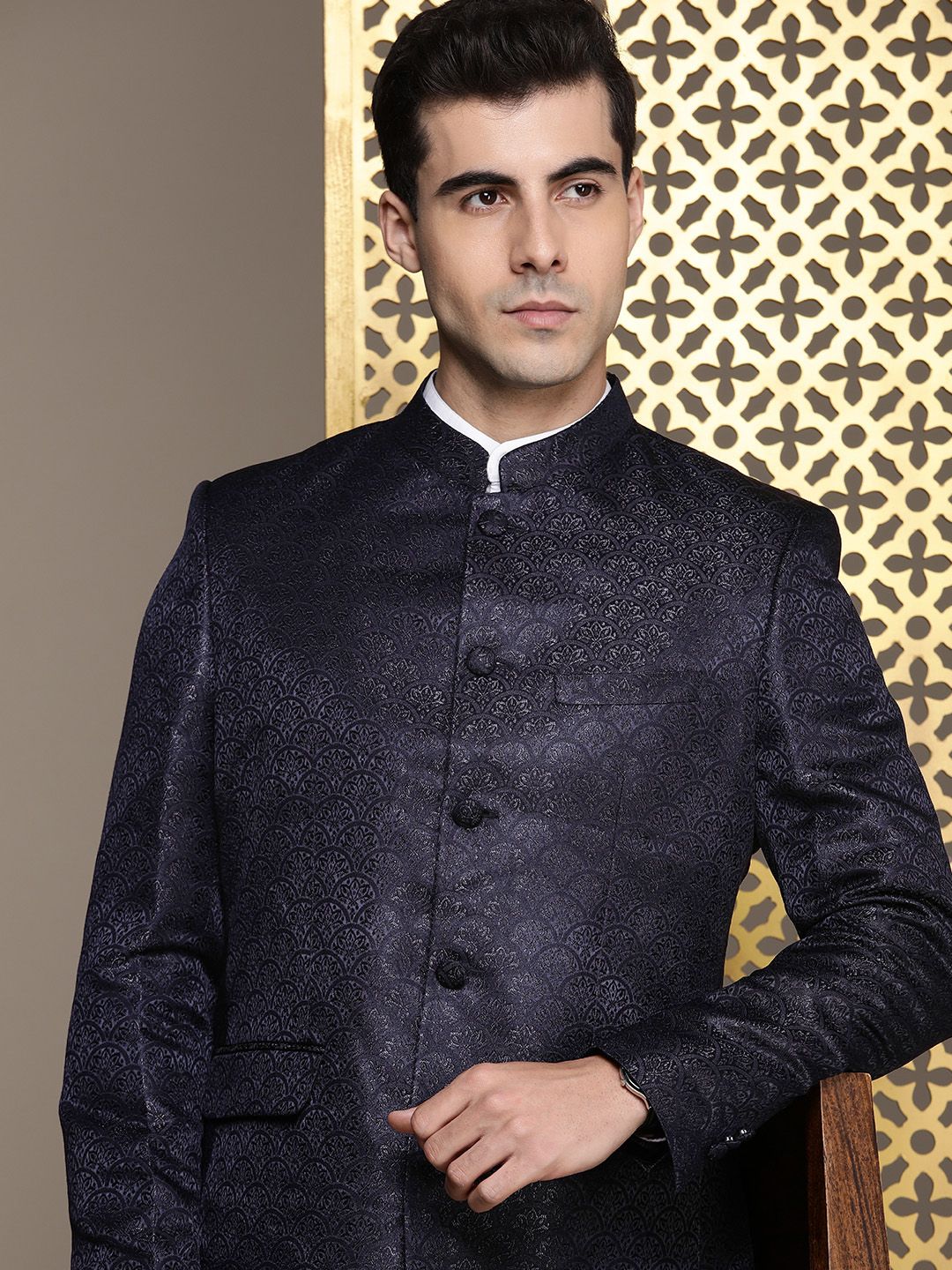 House of Pataudi Self Design Mandarin Collar Bandhgala Jashn Blazers