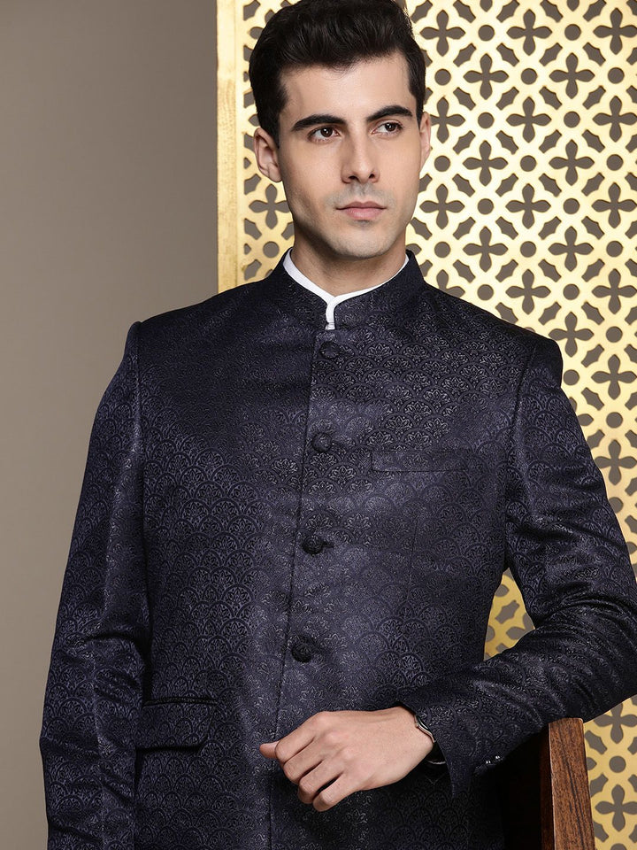 House of Pataudi Self Design Mandarin Collar Bandhgala Jashn Blazers