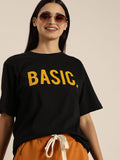 DILLINGER Women Black  Yellow  Printed Round Neck Oversized Pure Cotton T-shirt