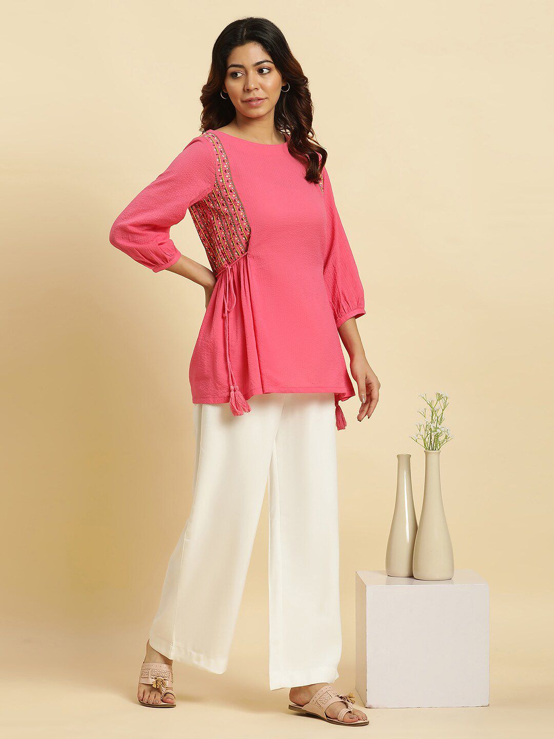 W Round Neck Embroidered Pure Cotton Top