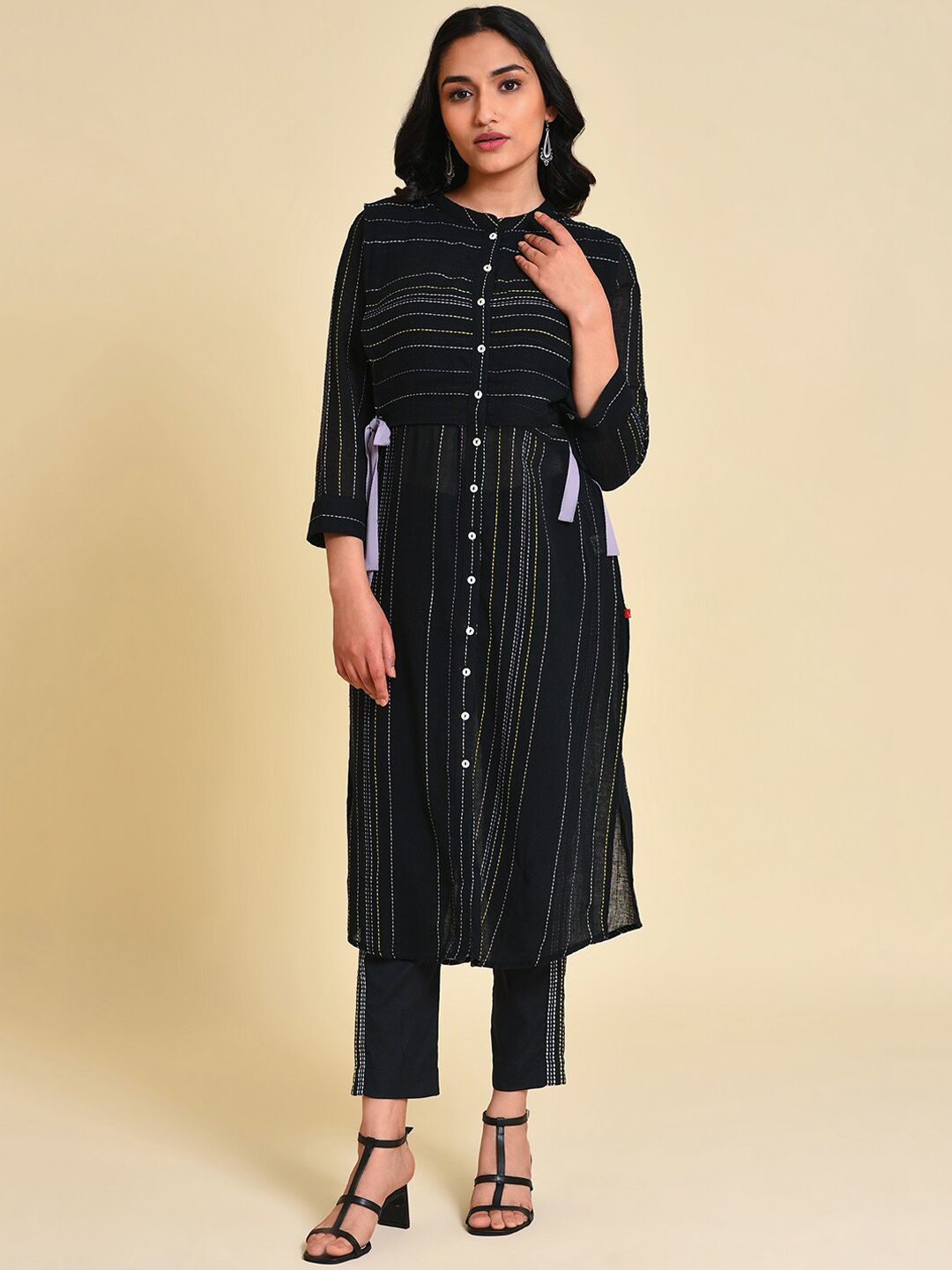W Striped Thread Work Pure Cotton Kurta with Trousers