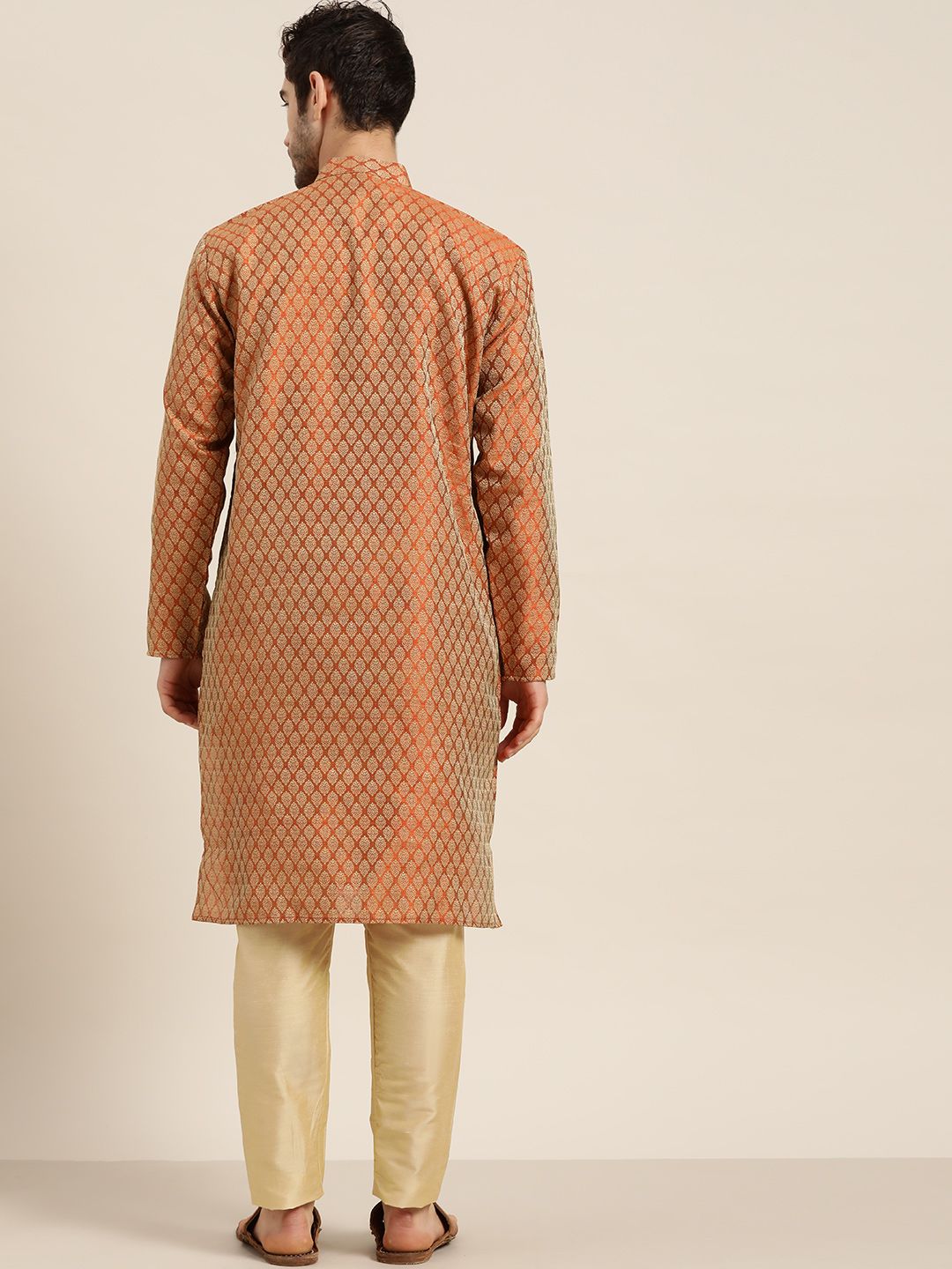 SOJANYA Men Rust Orange & Beige Jacquard Ethnic Motifs Woven Design Straight Kurta