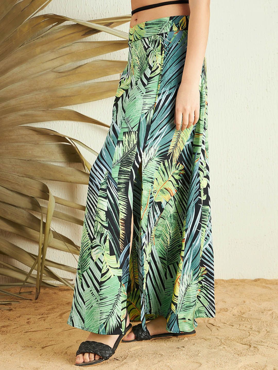 Berrylush Tropical Printed High Rise A-line Side Slit Maxi Skirt