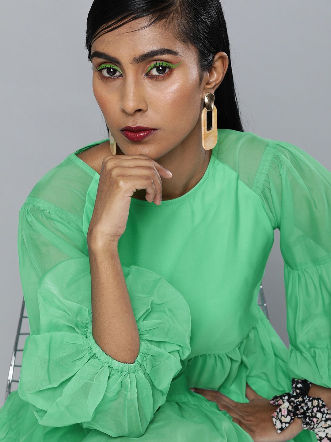 SASSAFRAS Women Green Solid Tiered Puff Sleeves A-Line Dress
