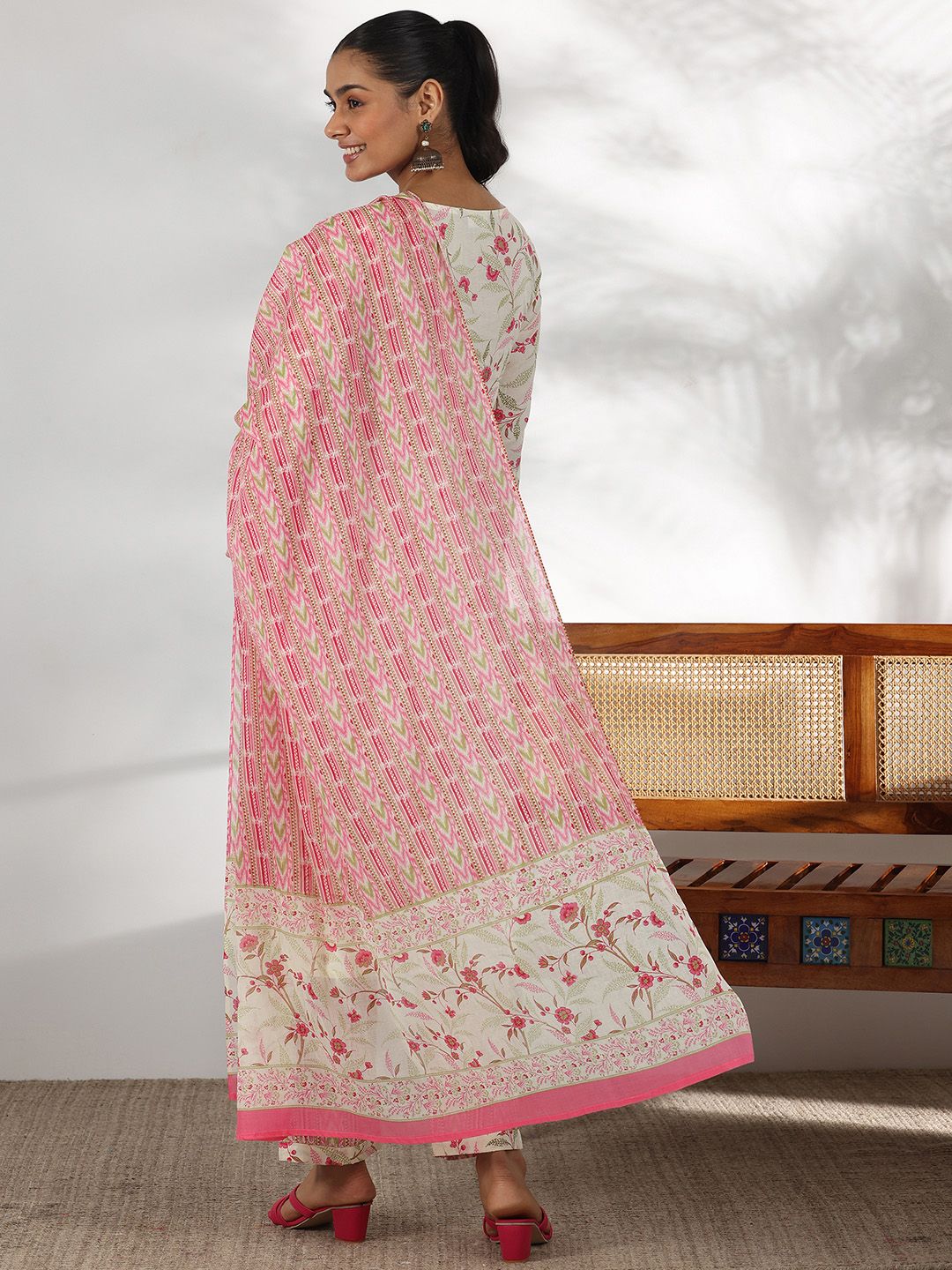 Libas Floral Printed Gotta Patti Pure Cotton Straight Kurta with Trousers & Dupatta