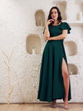 Berrylush Solid Flutter Sleeve Cut-outs & Slit Detailed Crepe Fit & Flare Maxi Dress