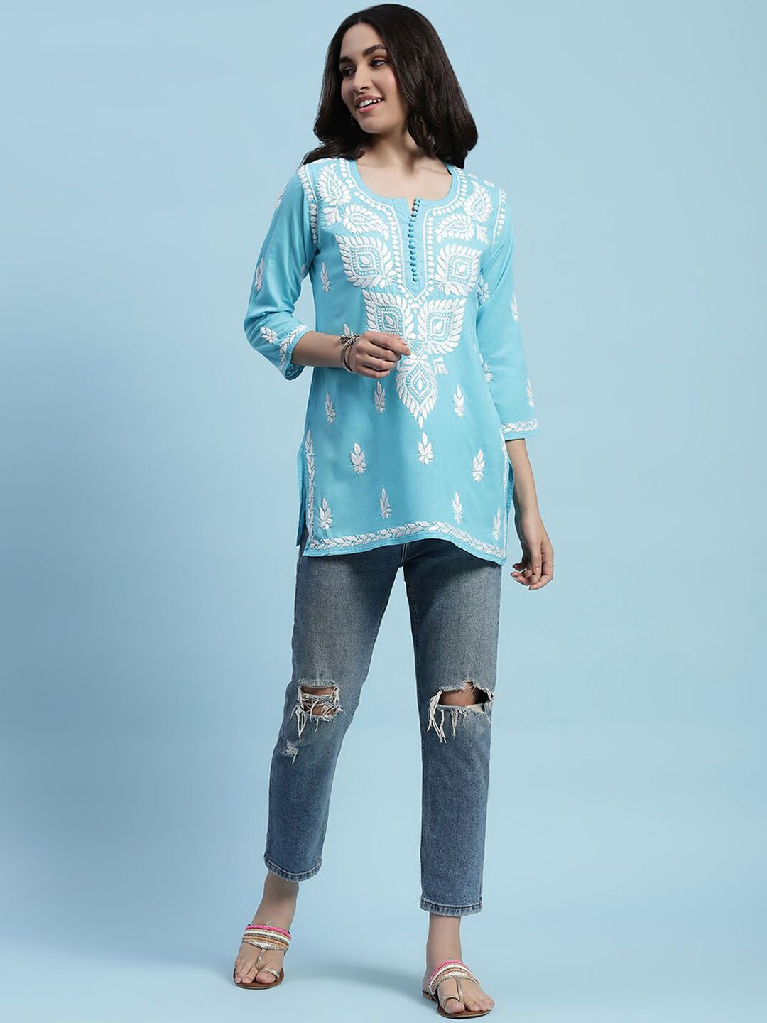 Rumah Wanita Chikankari Kapas Biru Chikankari Sulam Kurti