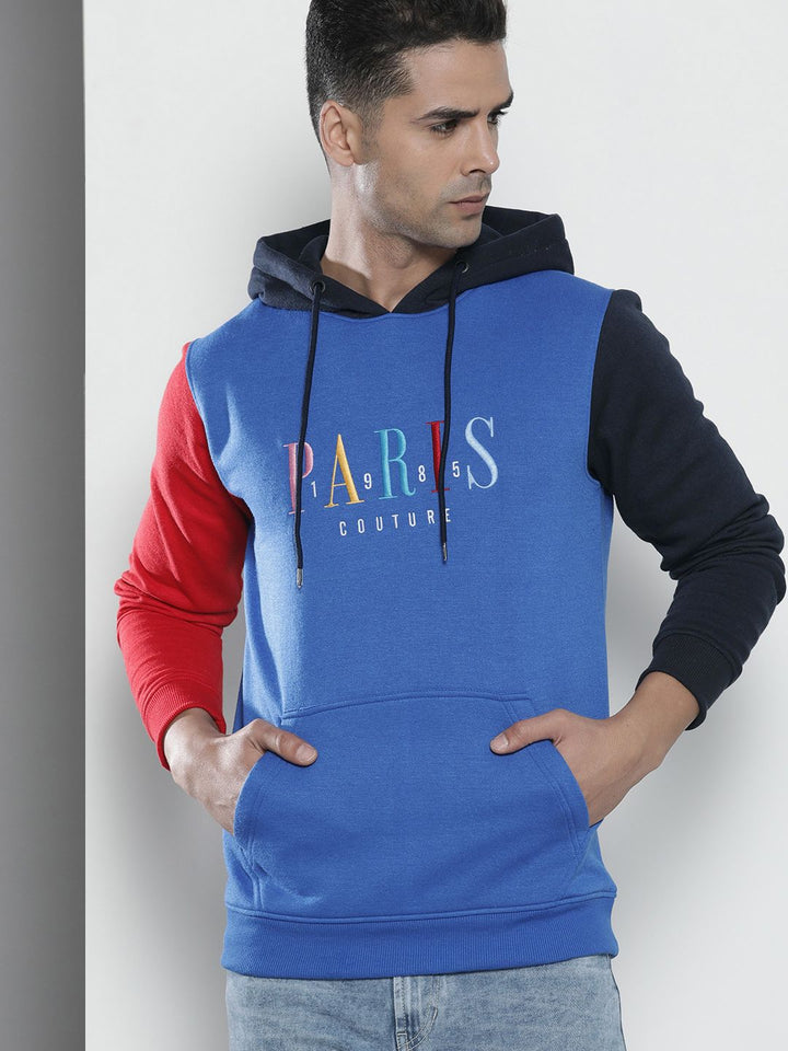 The Indian Garage Co Men Blue & Red Embroidered Hooded Sweatshirt