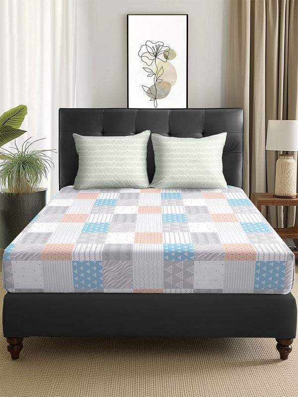 Story@home Arena Peach & White Geometric Microfiber 180TC Queen Bedsheet & 2 Pillow Covers