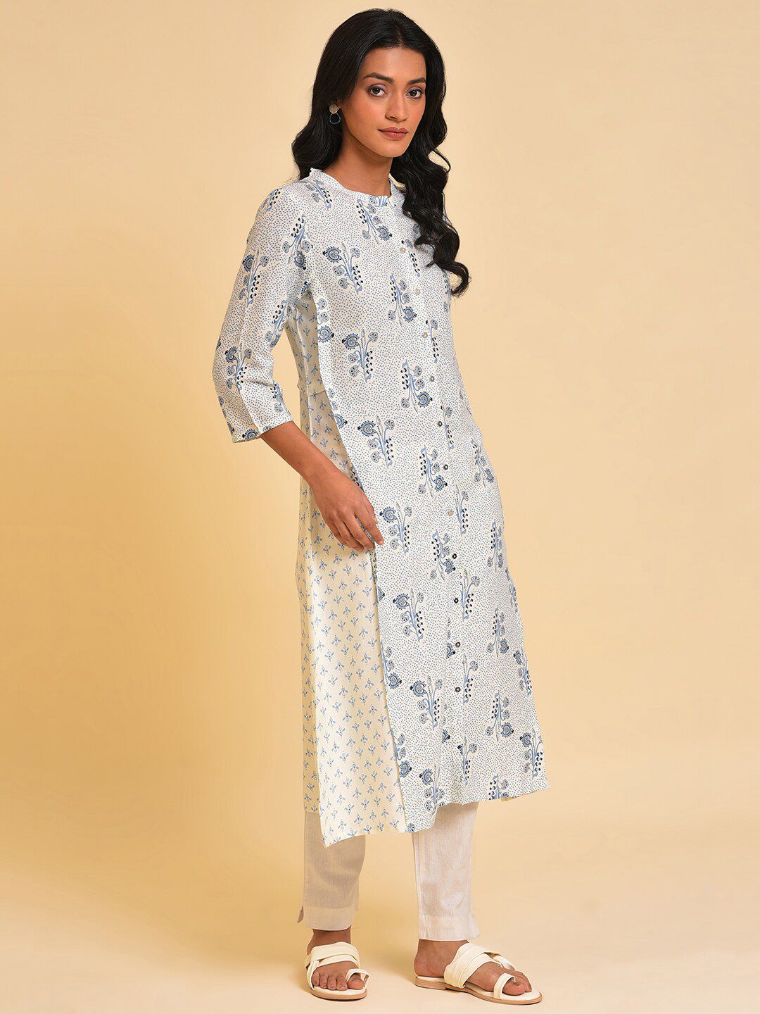 W White & Blue Ethnic Motifs Printed A-Line Kurta
