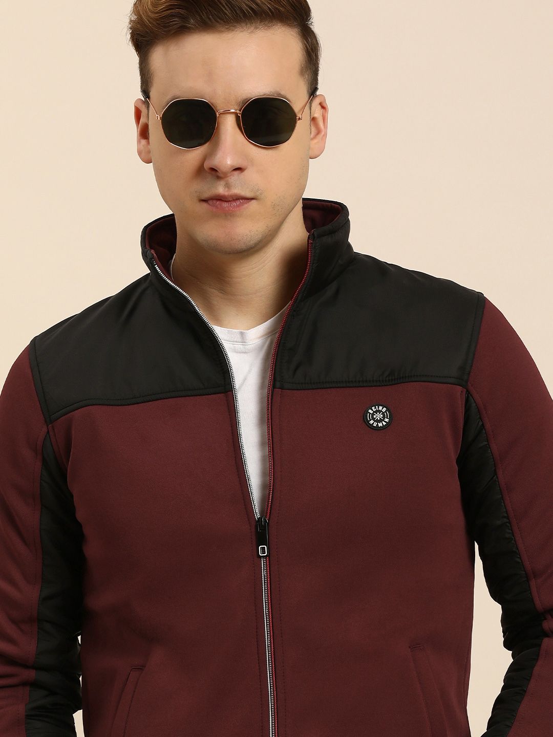 Being Human Men Colourblocked Mock-Collar Front-Open Sweatshirt