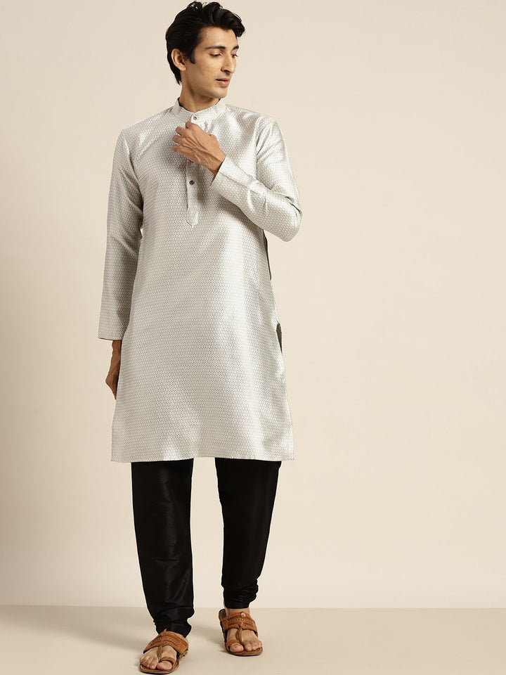 SOJANYA Kurta Rekaan Tenunan Kelabu & Putih Putih Lelaki