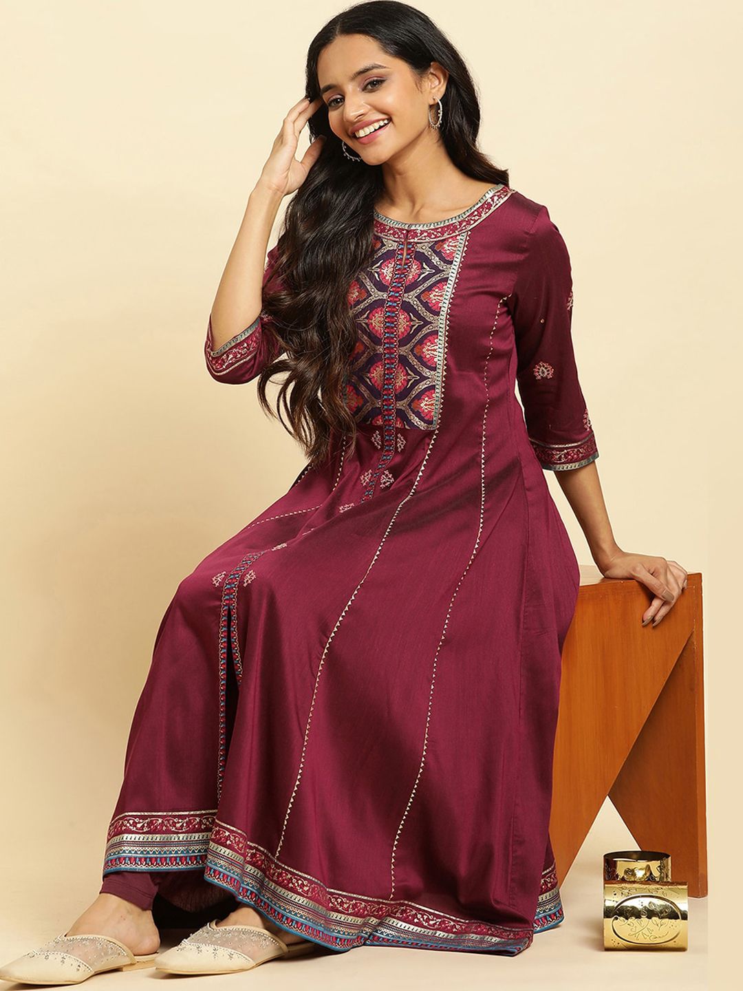 W Purple Ethnic Motifs Yoke Design Gotta Patti A-Line Kurta
