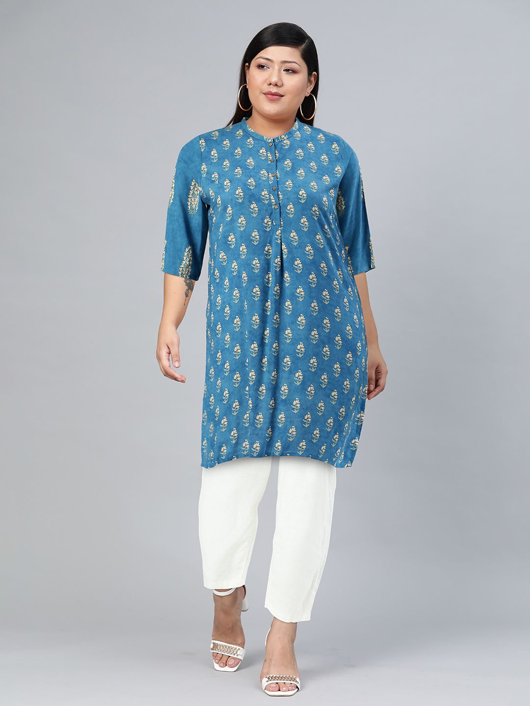 W Women Blue Ethnic Motifs  printed Thread Work Kurta