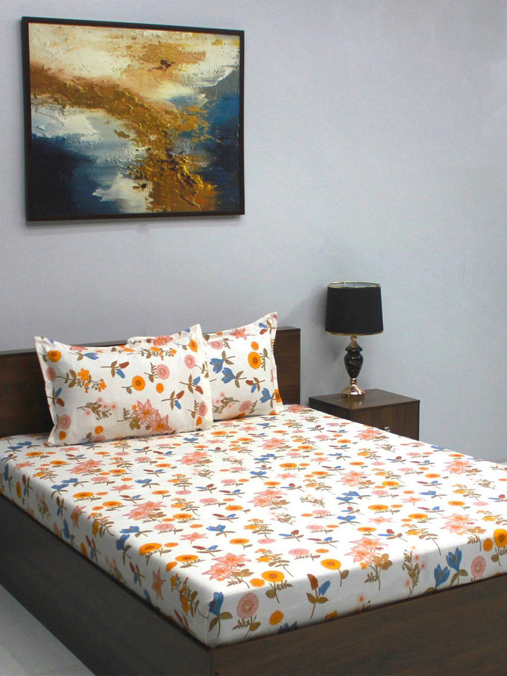 BOMBAY DYEING Vista Yellow & White Floral 144 TC Queen Bedsheet With 2 Pillow Covers
