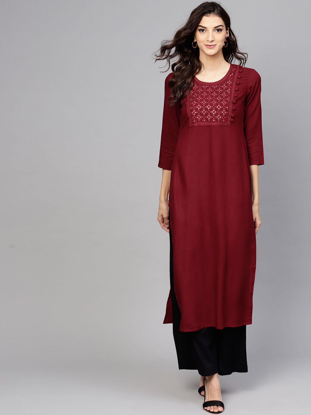 Libas Women Maroon Yoke Design Straight Kurta