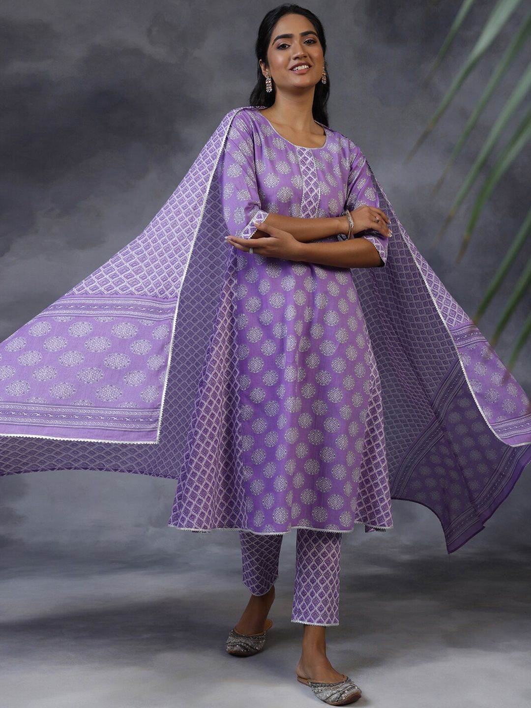 Libas Ethnic Motifs Printed A-Line Pure Cotton Kurta with Trousers & Dupatta