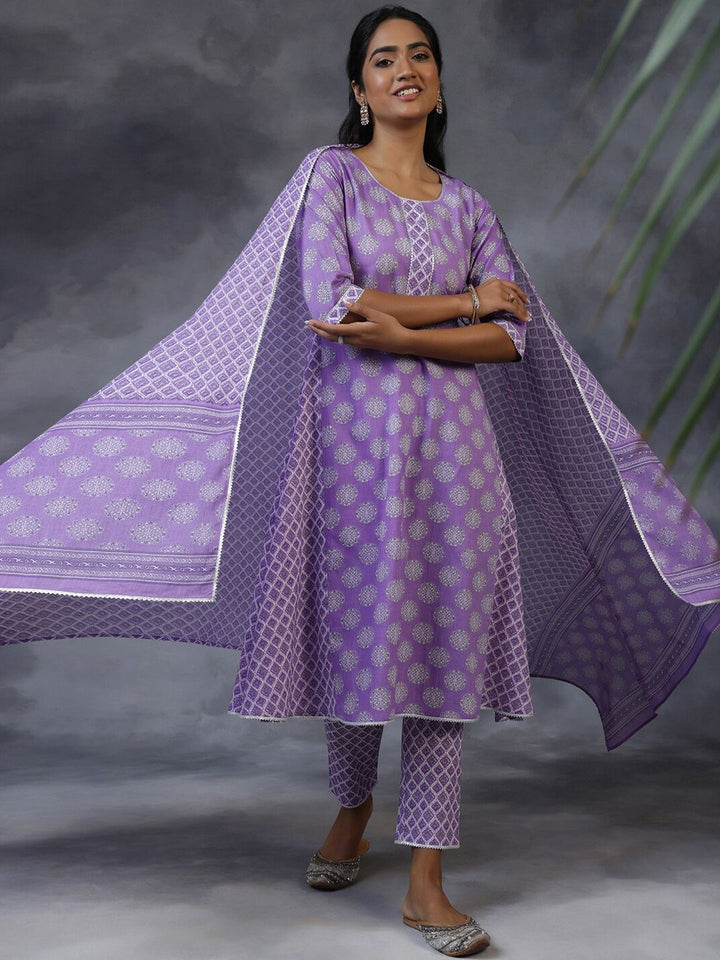 Libas Ethnic Motifs Printed A-Line Pure Cotton Kurta with Trousers & Dupatta