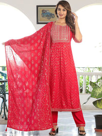 Vishudh Bandhani Embroidered Regular Kurta with Trousers & Dupatta