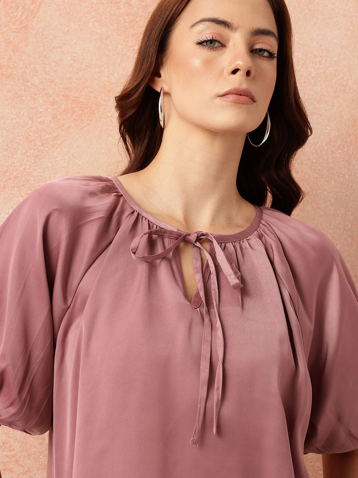 all about you Tie-Up Neck Puff Sleeves Gathered Detail Satin-Finish Top