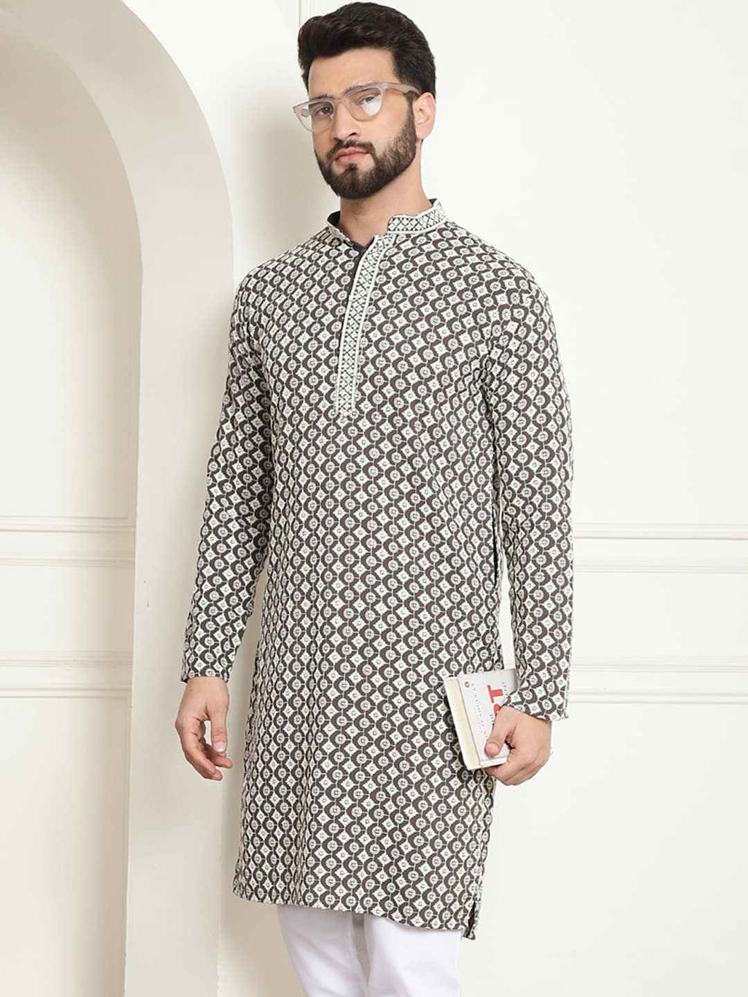 SOJANYA Ethnic Motifs Embroidered Mandarin Collar Pure Cotton Straight Kurta