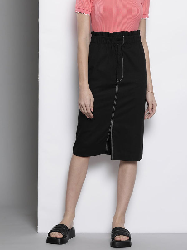 SASSAFRAS Black Pure Cotton Contrast Stitch Twill Pencil Skirt