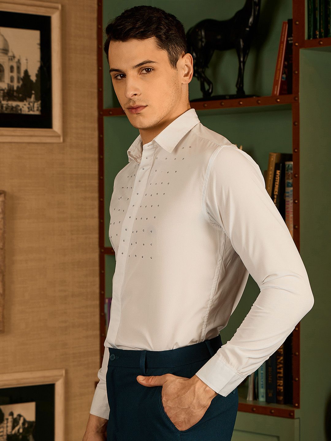 DENNISON Men Spread Collar Embellished Party Shirt