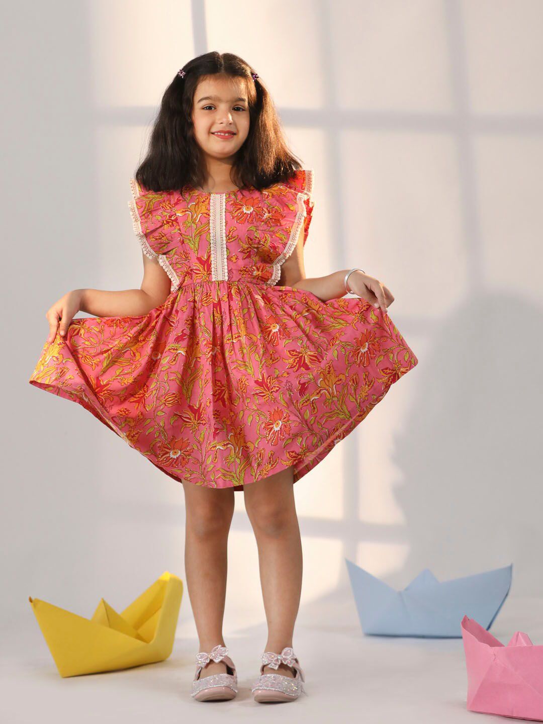 VASTRAMAY Girls Floral Printed Sleeveless Ruffles Detail Cotton Fit and Flare Dress