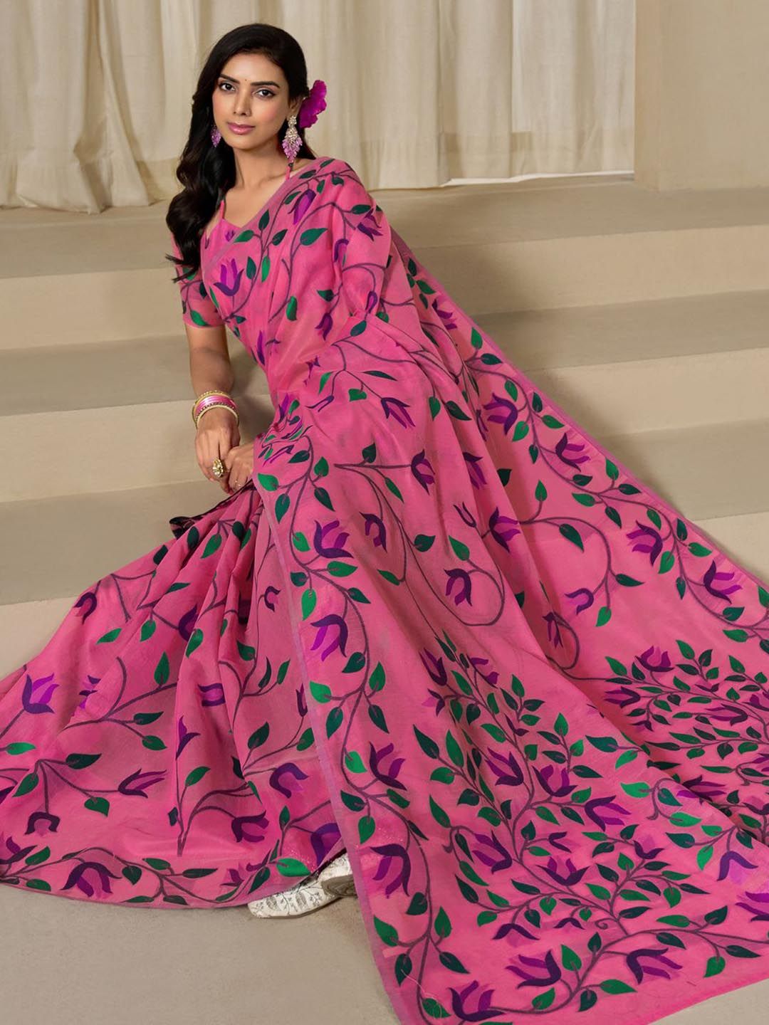 KALINI Pink Pure Cotton Woven Design Sarees