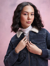 DressBerry Women Sherpa Trim Pure Cotton Denim Jacket