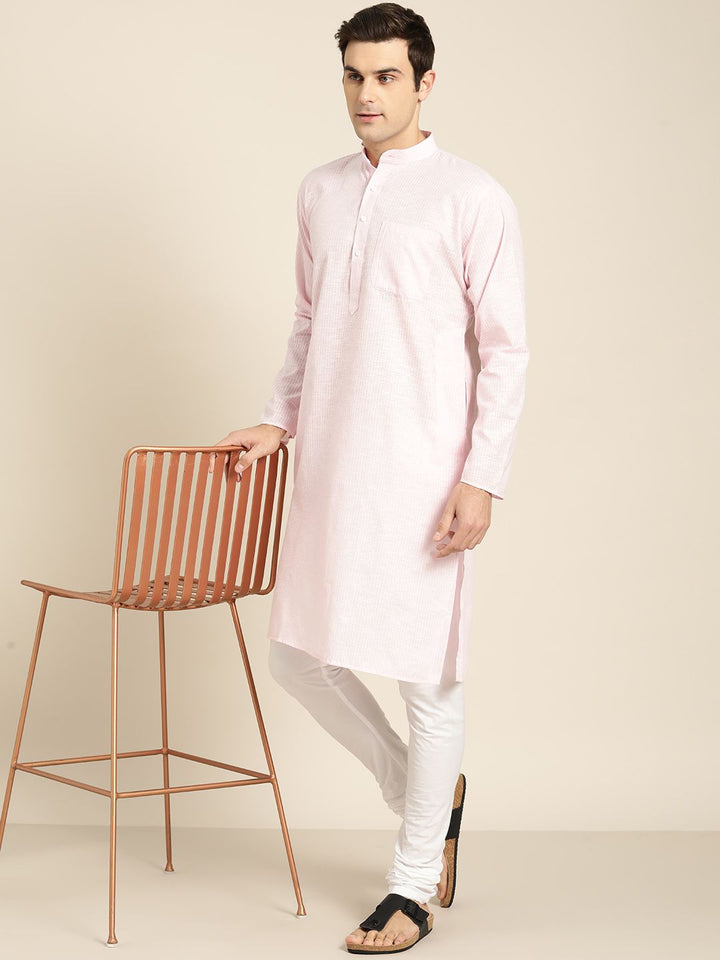 SOJANYA Men Pink & White Striped Straight Kurta