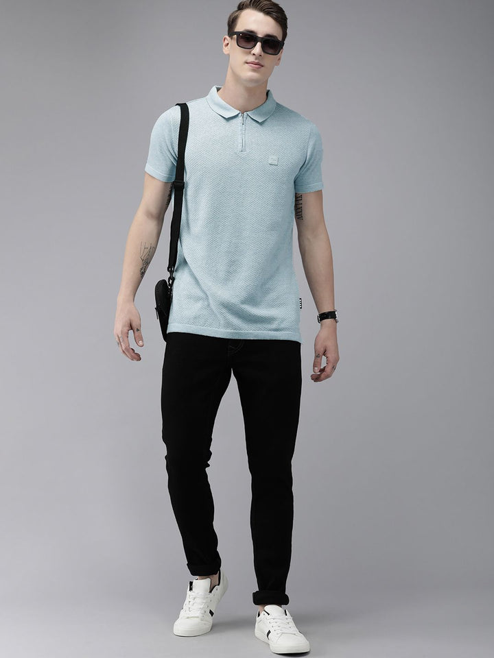 THE BEAR HOUSE Ardor Edition Men Blue Self Design Polo Collar Slim Fit T-shirt
