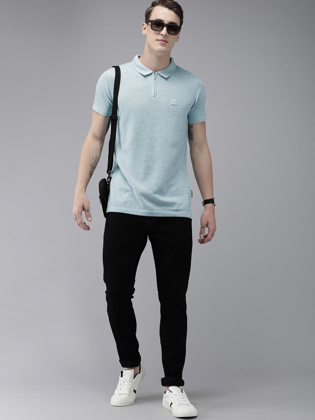 THE BEAR HOUSE Ardor Edition Men Blue Self Design Polo Collar Slim Fit T-shirt