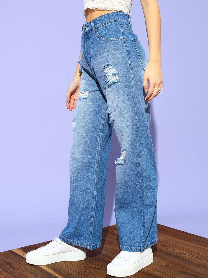 STREET 9 Wanita Seluar Jeans Heavy Fade Berkobar Biru Berkobar-kobar Tinggi Sangat Bermasalah