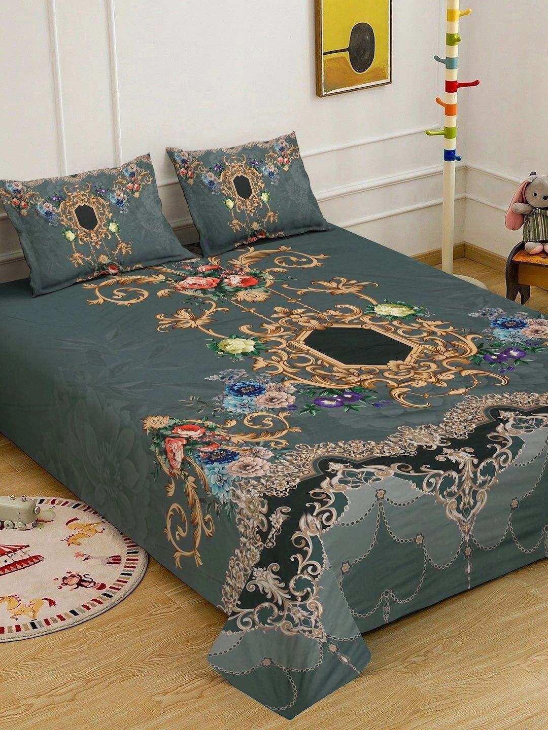 Moda Rapido X KLOTTHE Green & Gold-Toned Ethnic Motifs 400 TC King Bedsheet with 2 Pillow Covers
