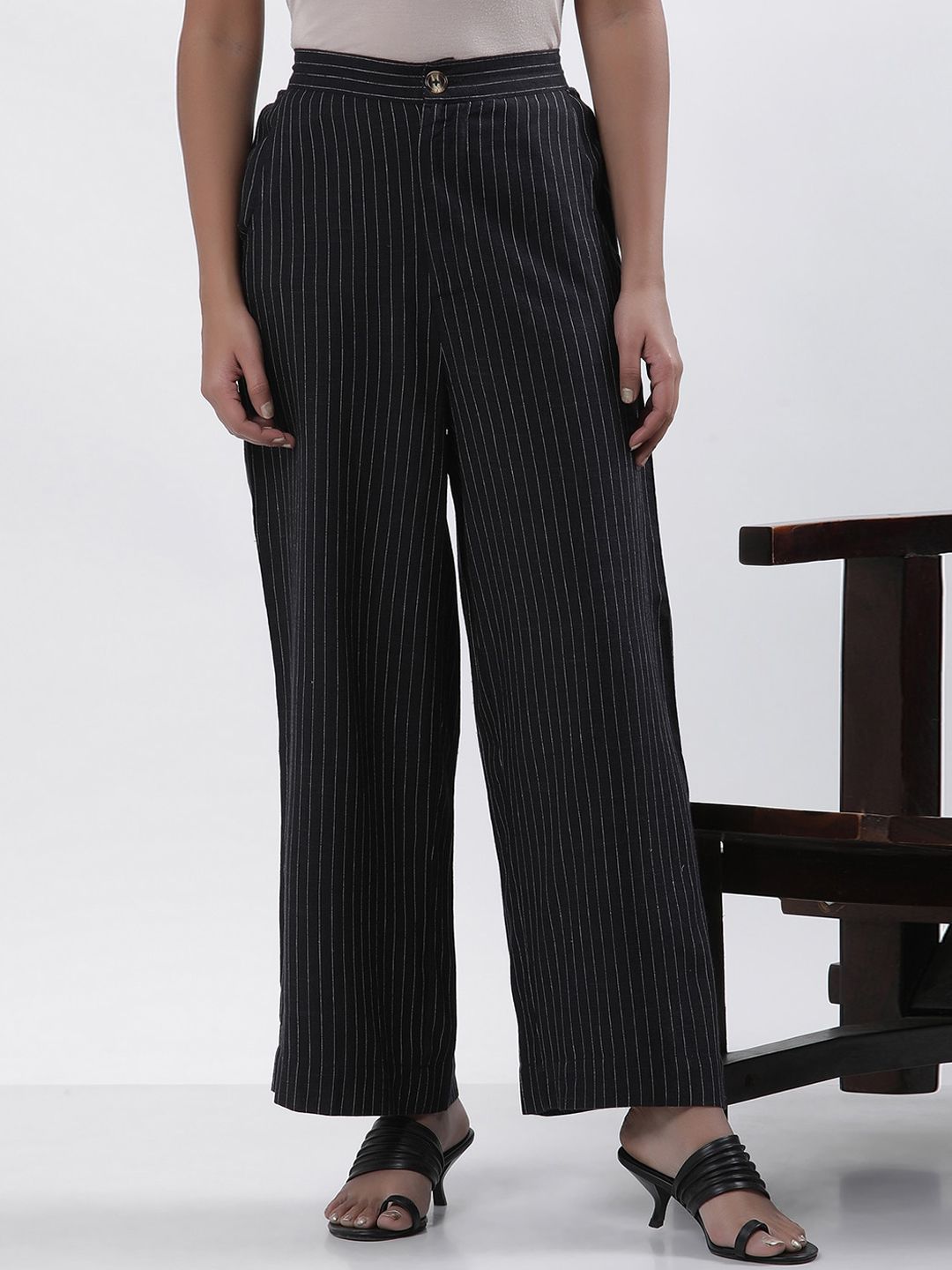 W Women Striped High-Rise Straight Fit Parallel Trouser